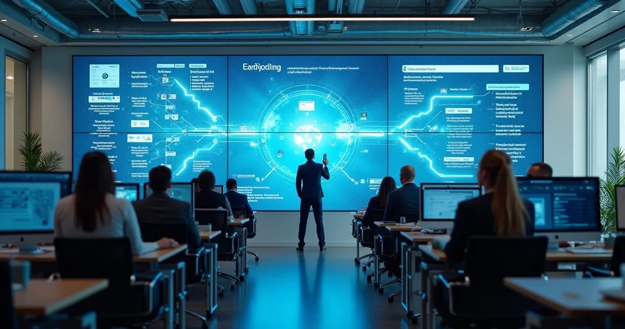 Automação de prospecção B2B com equipes analisando painéis digitais