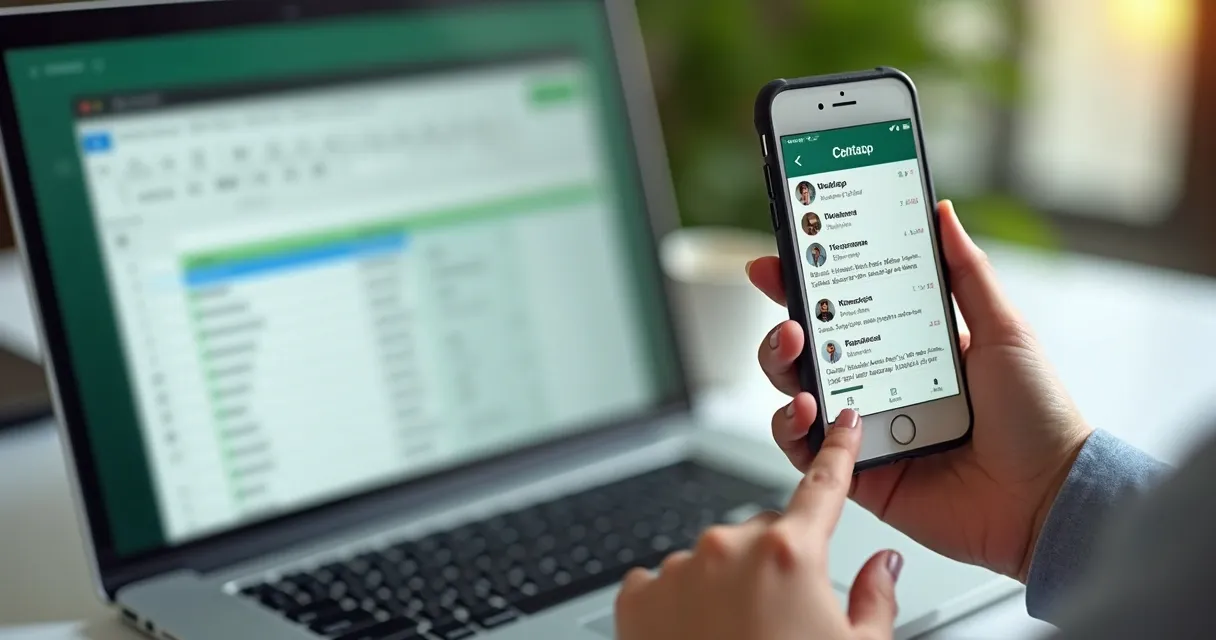 Pessoa utilizando aplicativo de WhatsApp ao lado de planilha digital 