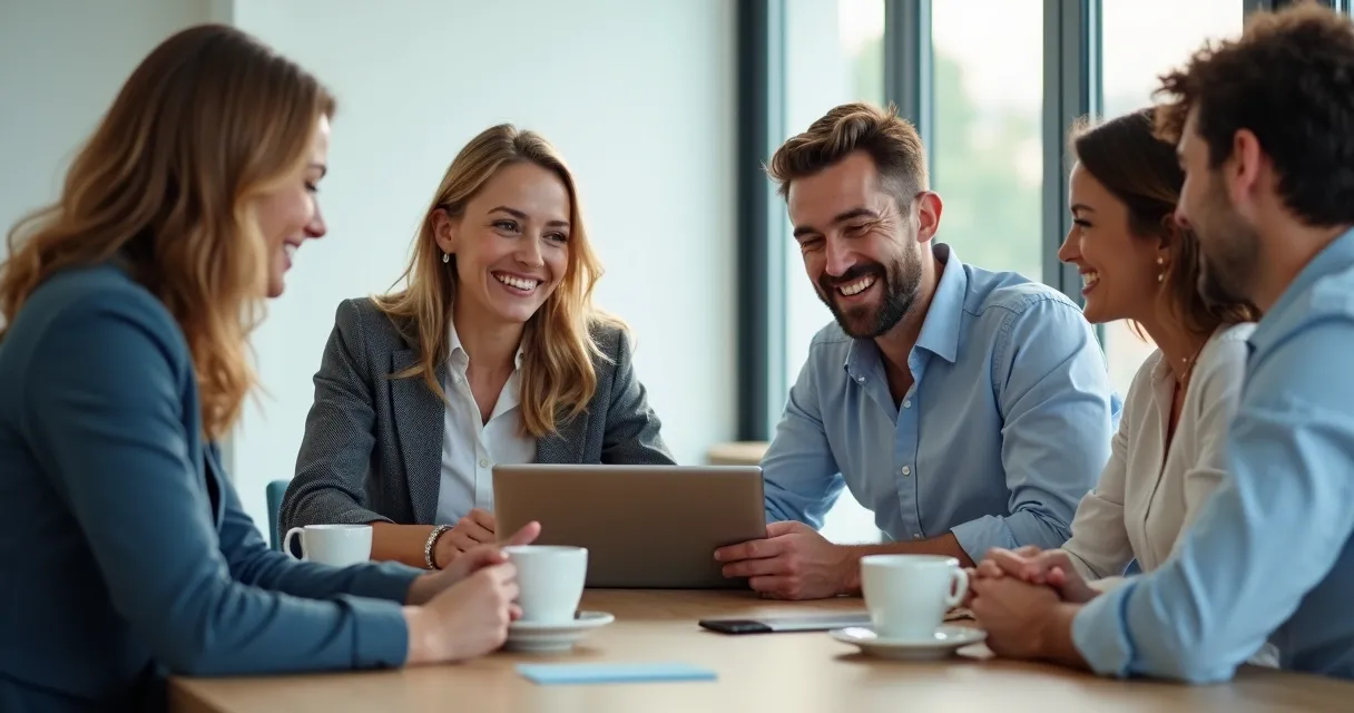 Clientes empresariais sorrindo em reunião pós-venda SaaS