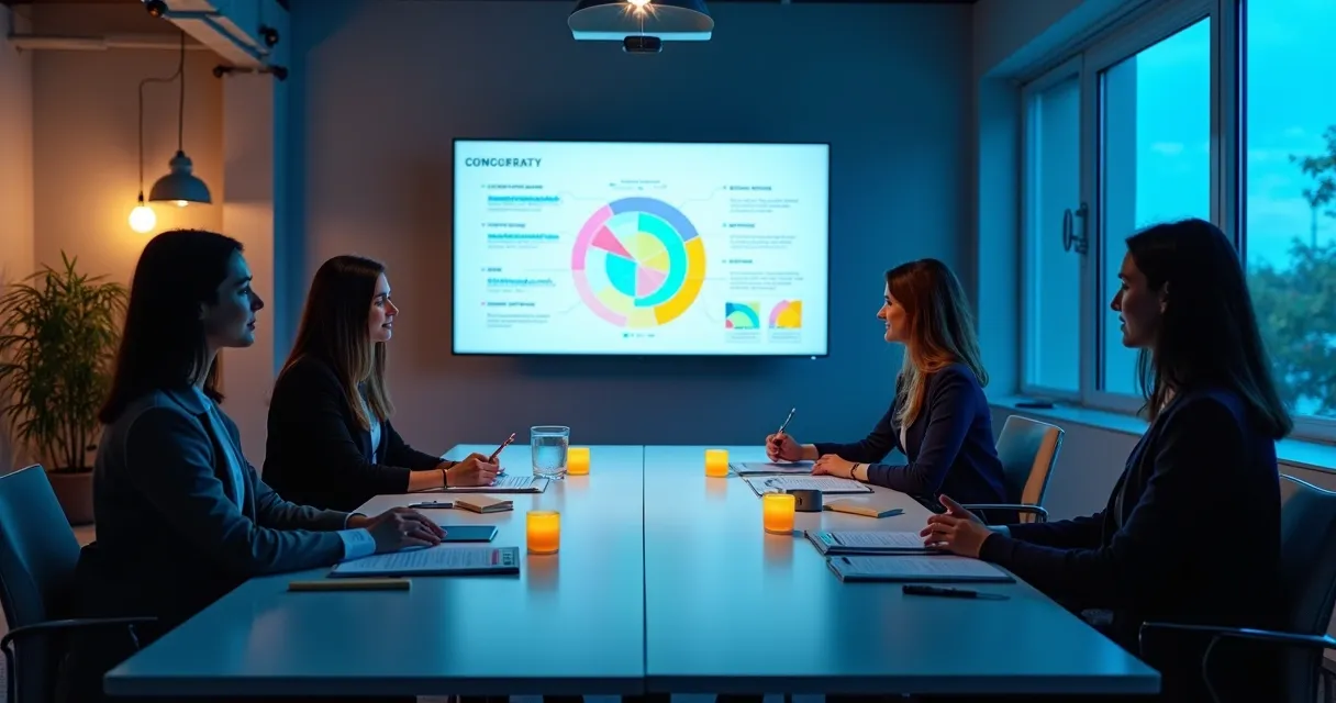Time de negócios reunido em mesa circular com telas mostrando fluxos de lead scoring 