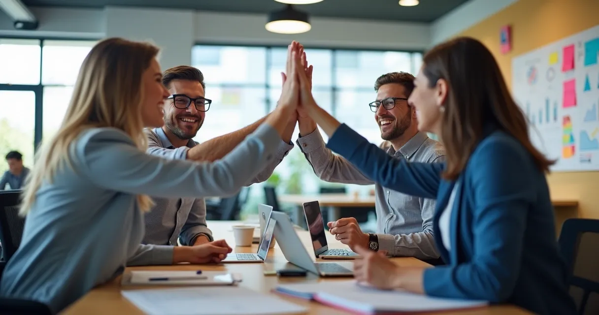 Consultor de vendas B2B celebrando resultado com equipe 