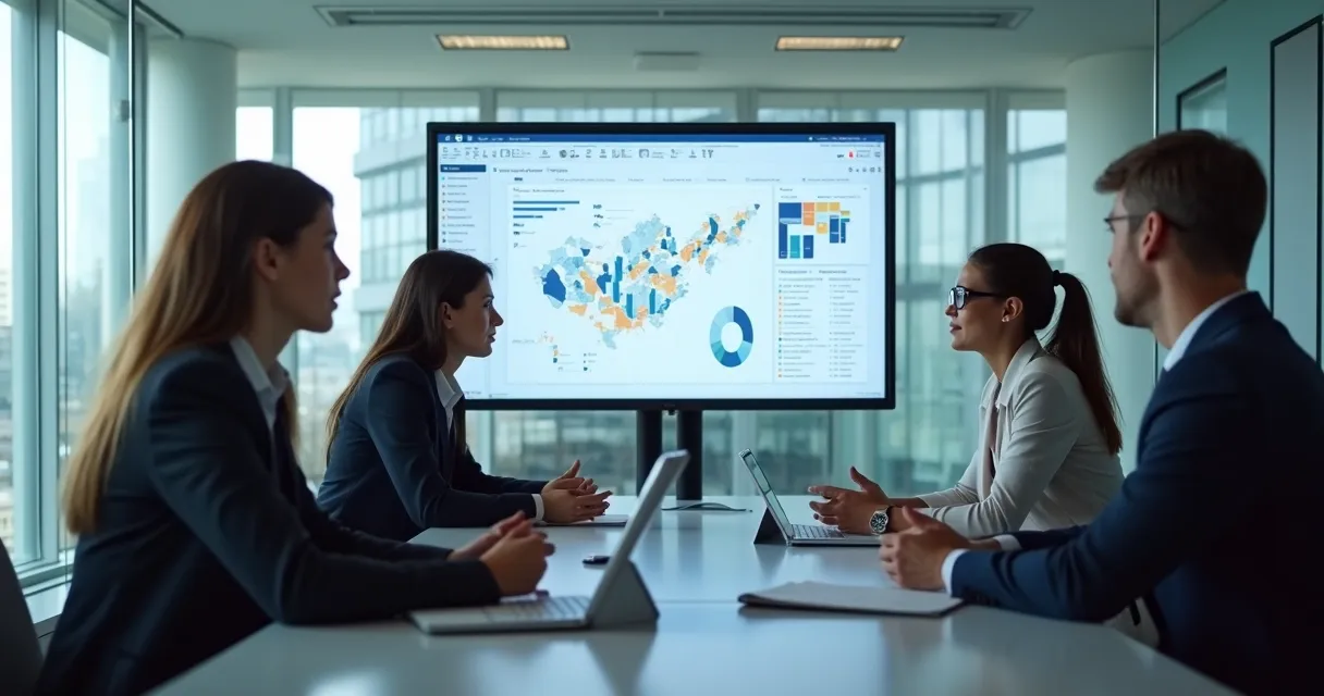 Dashboard de CRM mostrando integração de dados, equipe em sala de reunião. 