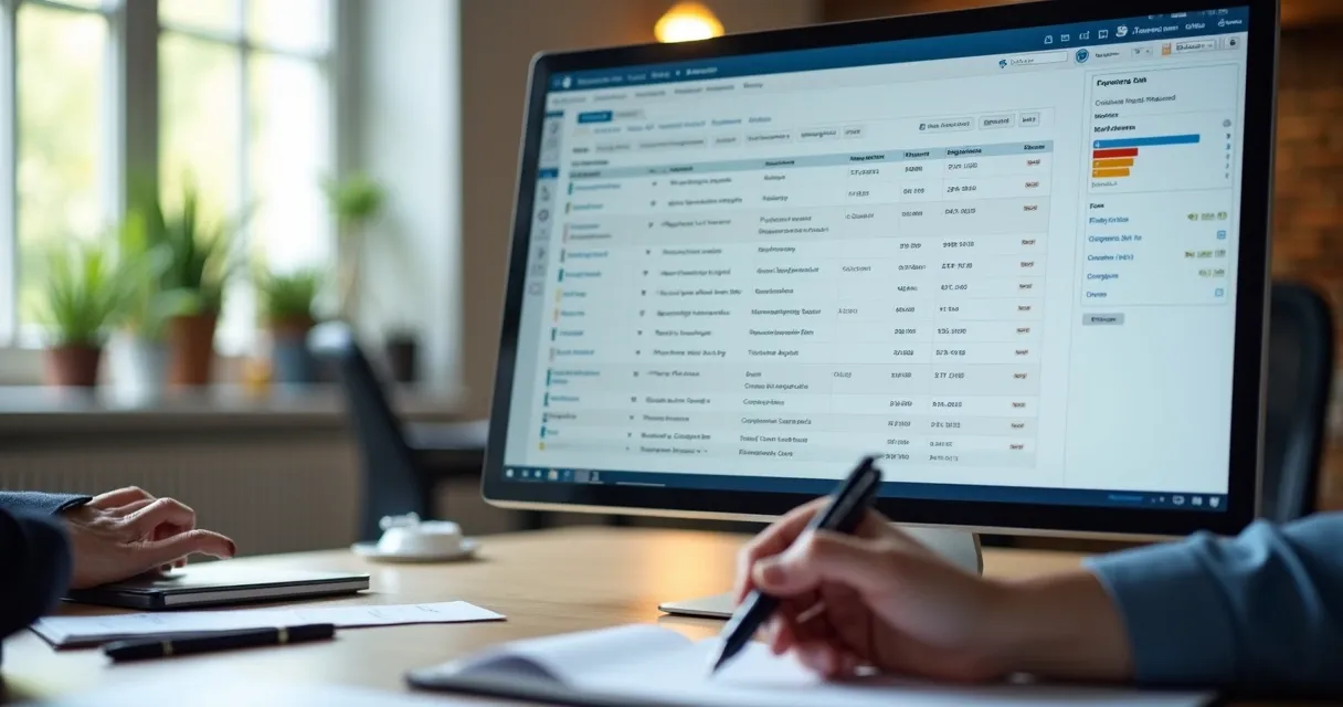 Tela de CRM aberta em monitor com registros de prospecção e follow-up de cold call 