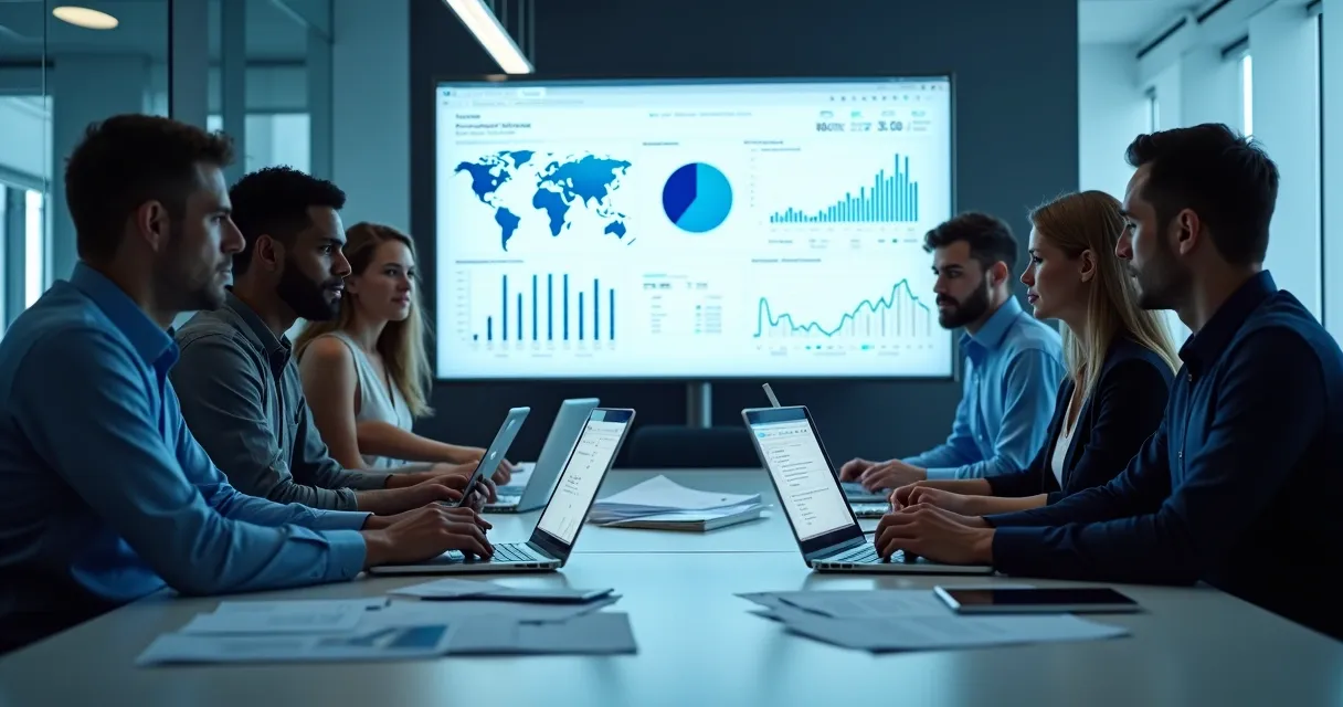 Profissionais analisando dados de empresas em notebooks