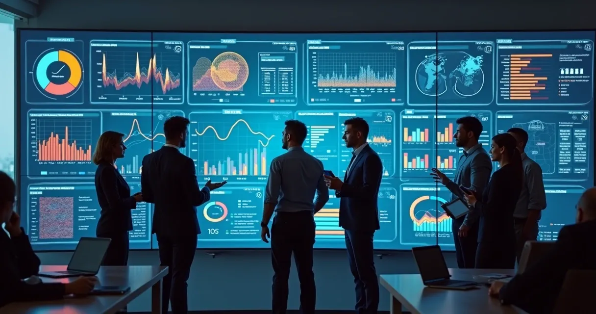 Dashboard integrando dados de ERP, CRM e planilha, com gráficos coloridos em tela grande 