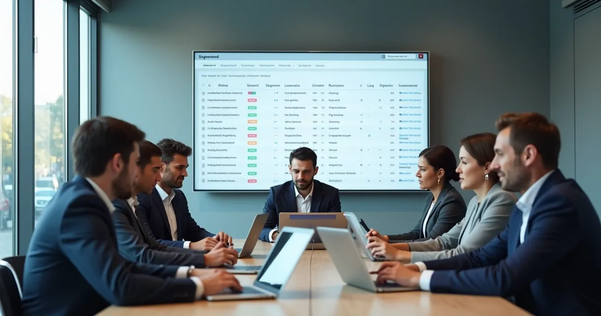 Equipe comercial analisando lista de empresas e cargos em notebooks 
