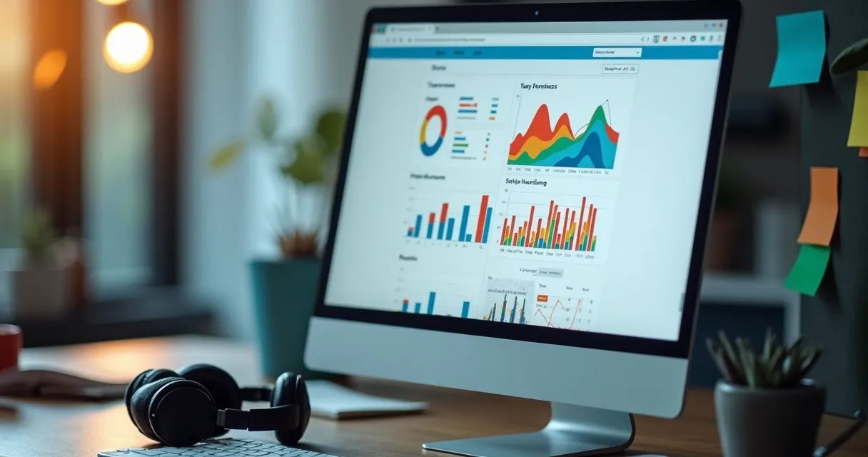 Monitor mostrando dashboard de SEO SaaS com gráficos de acesso