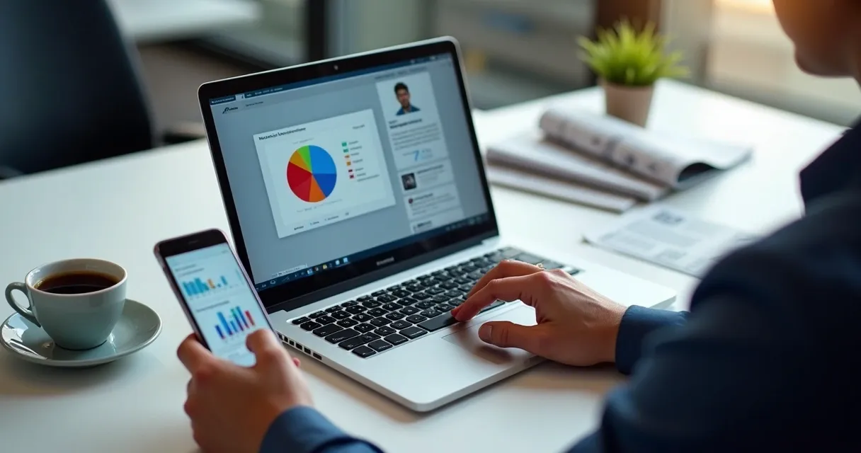 Profissional usando notebook com LinkedIn aberto ao lado de smartphone exibindo gráficos de vendas