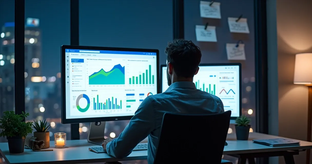 Profissional analisando base de dados detalhada com dashboards de desempenho