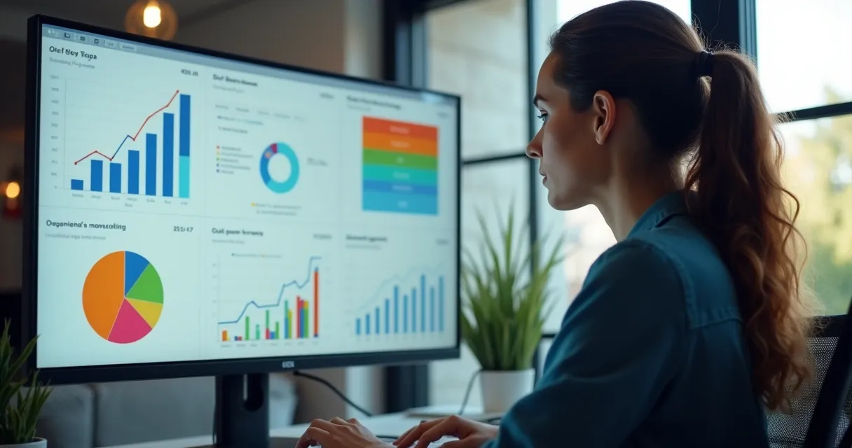 Profissional analisando métricas de marketing em tela com gráficos coloridos 