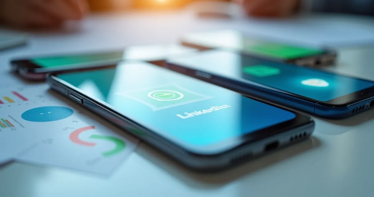 Diversas telas de celular mostrando aplicativos de comunicação, com planilhas de dados ao fundo