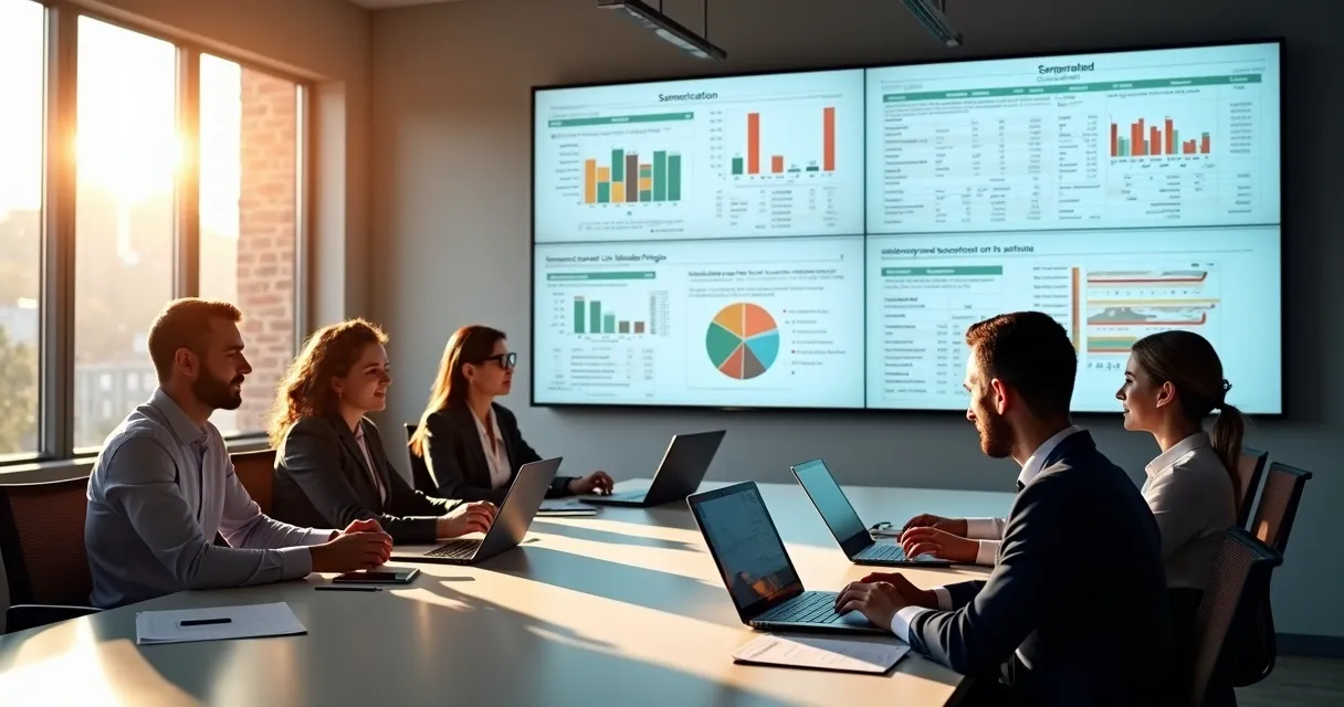 Equipe analisando dados cadastrais em telas grandes 