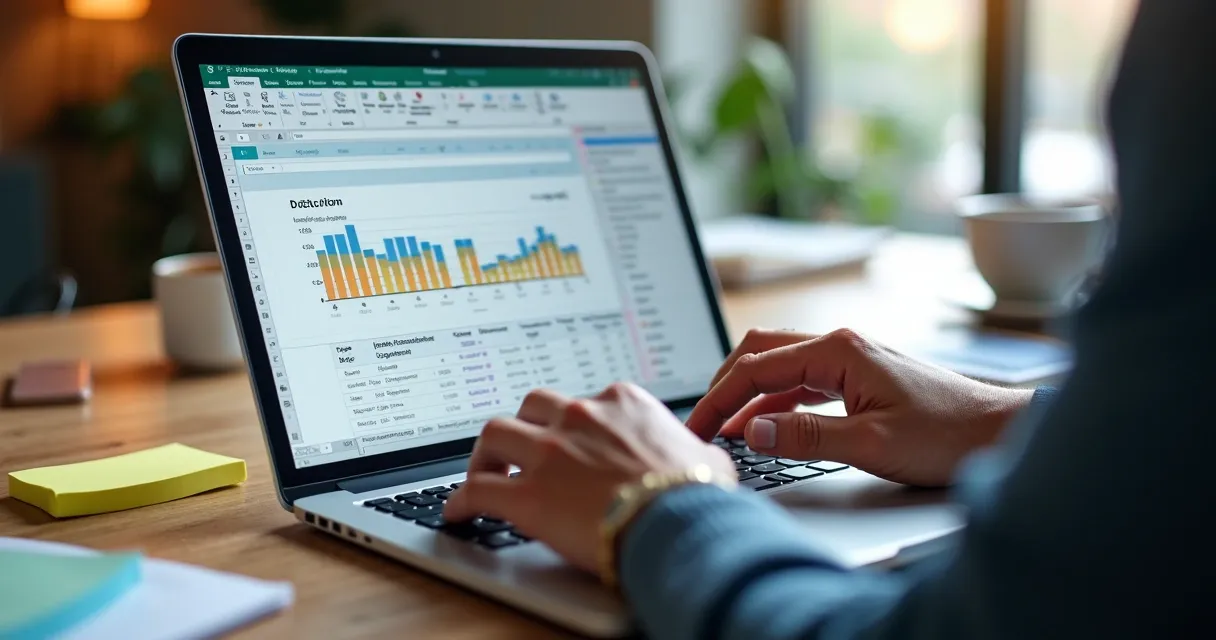 Pessoa analisando planilha de leads com dados enriquecidos e gráficos em tela de notebook