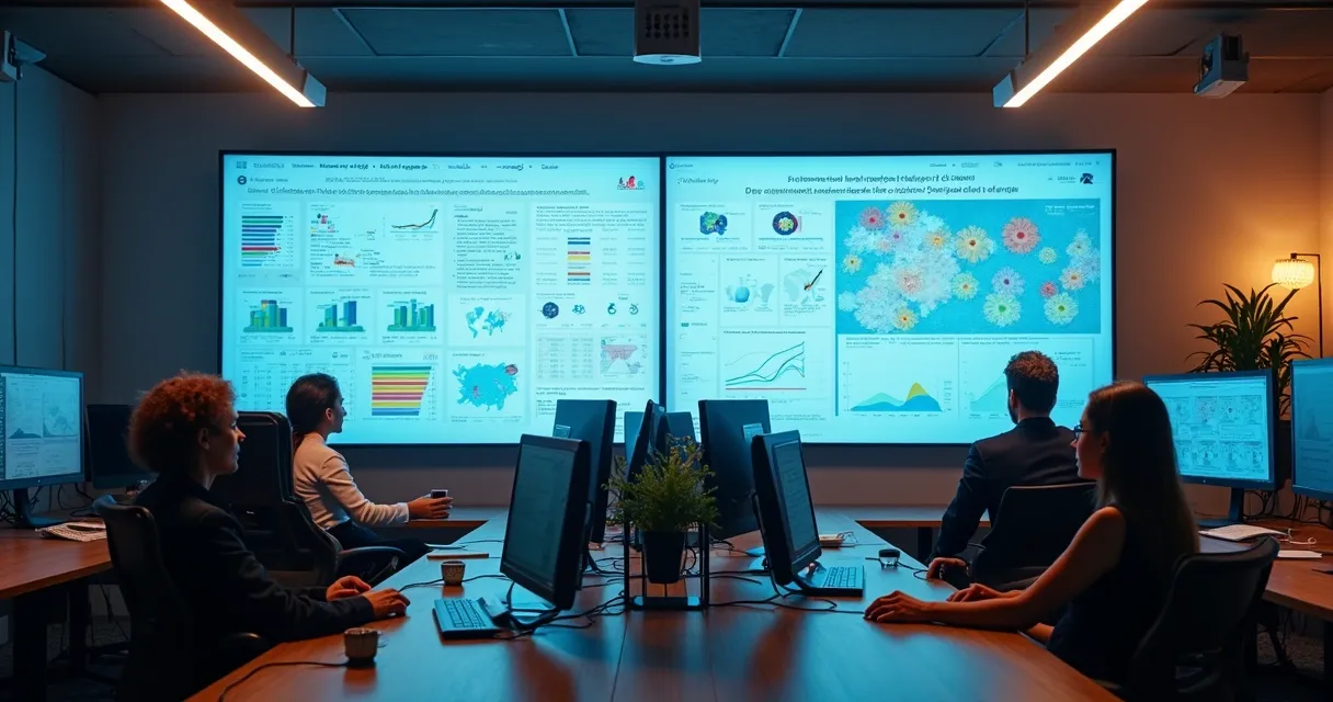 Equipe analisando listas de empresas e dados de clientes em várias telas 