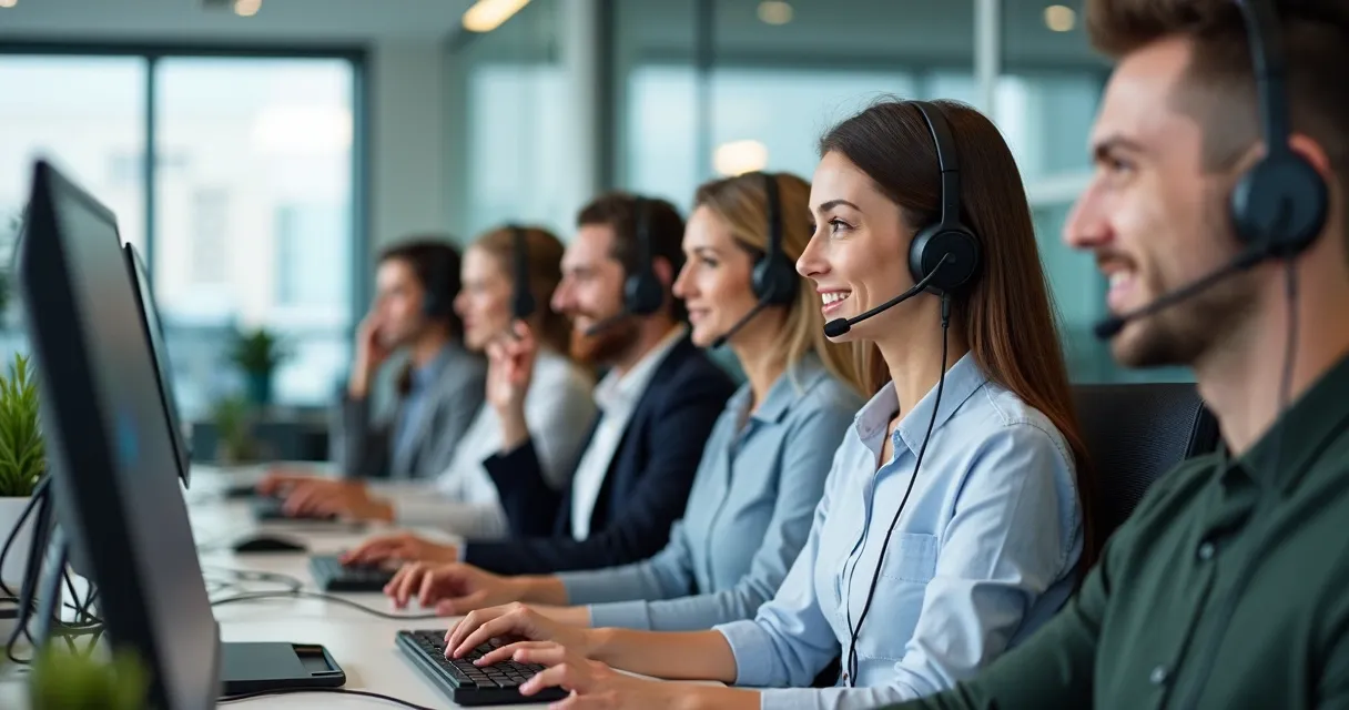 Equipe de televendas trabalhando com computadores e telefone 