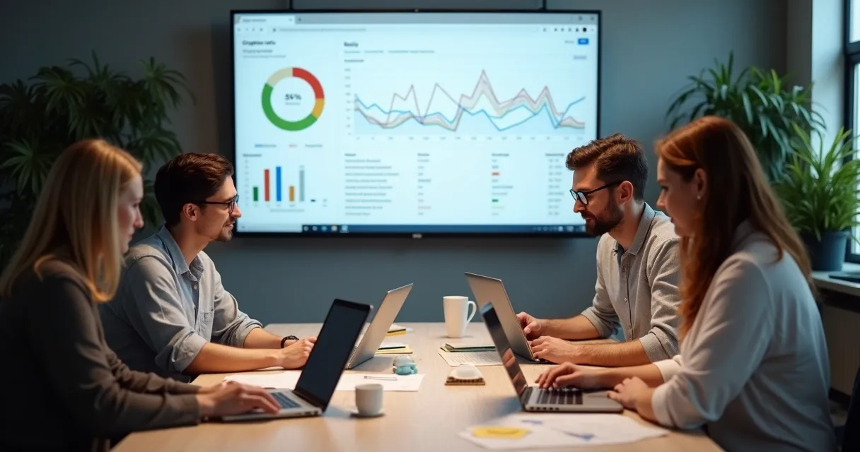 Equipe de marketing reunida analisando campanha SaaS em Google Ads 