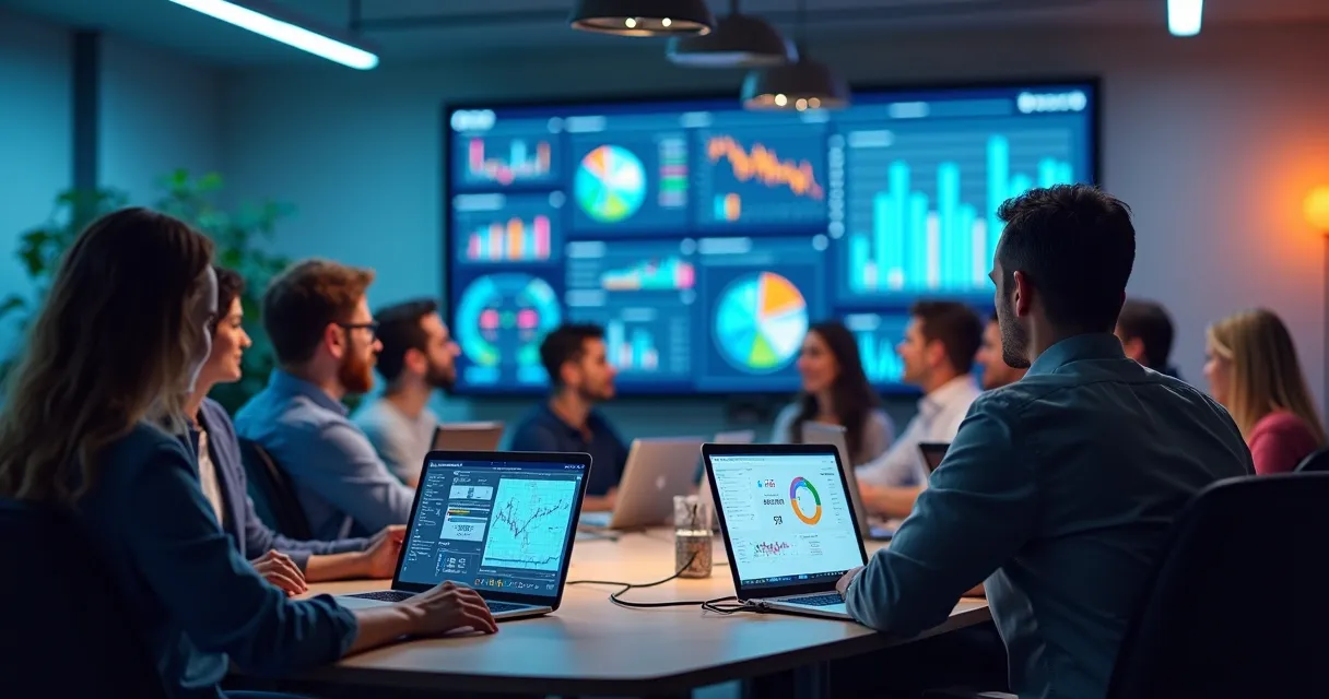 Equipe de tecnologia e vendas reunida analisando dados em diversas telas 