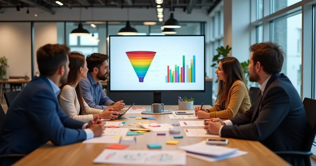 Equipe reunida em mesa de coworking analisando gráficos coloridos de funil de vendas em telas digitais