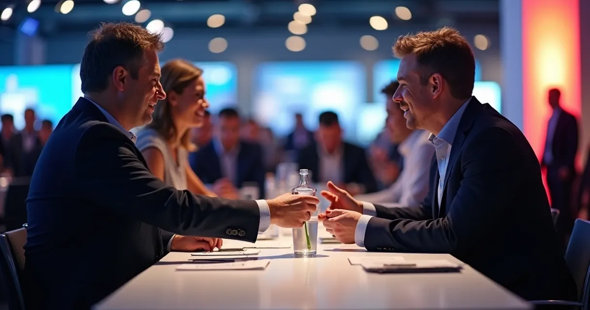 Pessoas em evento corporativo trocando cartões de visita com mesa de networking 
