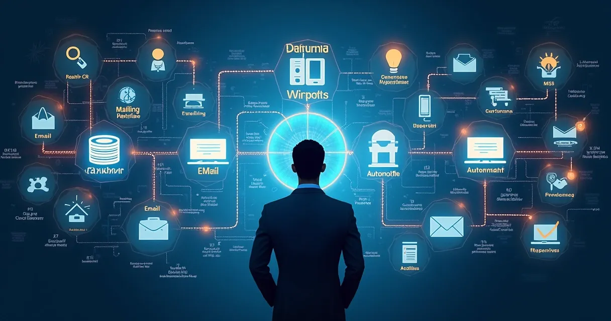 Diagrama digital mostrando integração entre sistemas de cobrança, CRM e mailing 