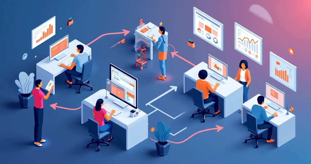 Fluxo visual de integração entre marketing e vendas, com setas e conexões 