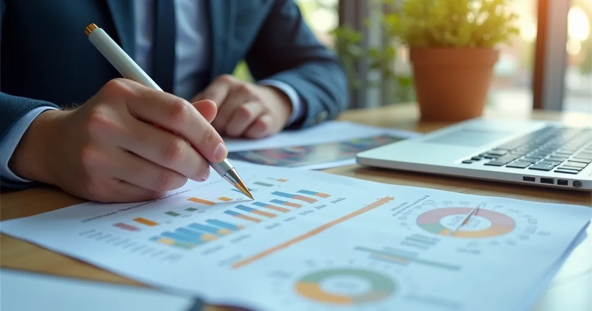 Profissional revisando planilhas com dados empresariais e marcas de limpeza 