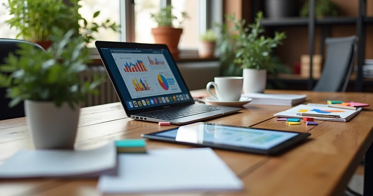 Mesa digital de trabalho com laptop, caderno e materiais educativos 