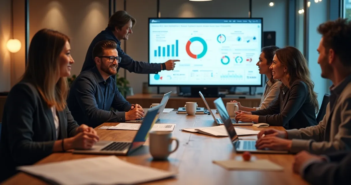 Equipe de marketing e vendas trabalhando junta em ambiente colaborativo 