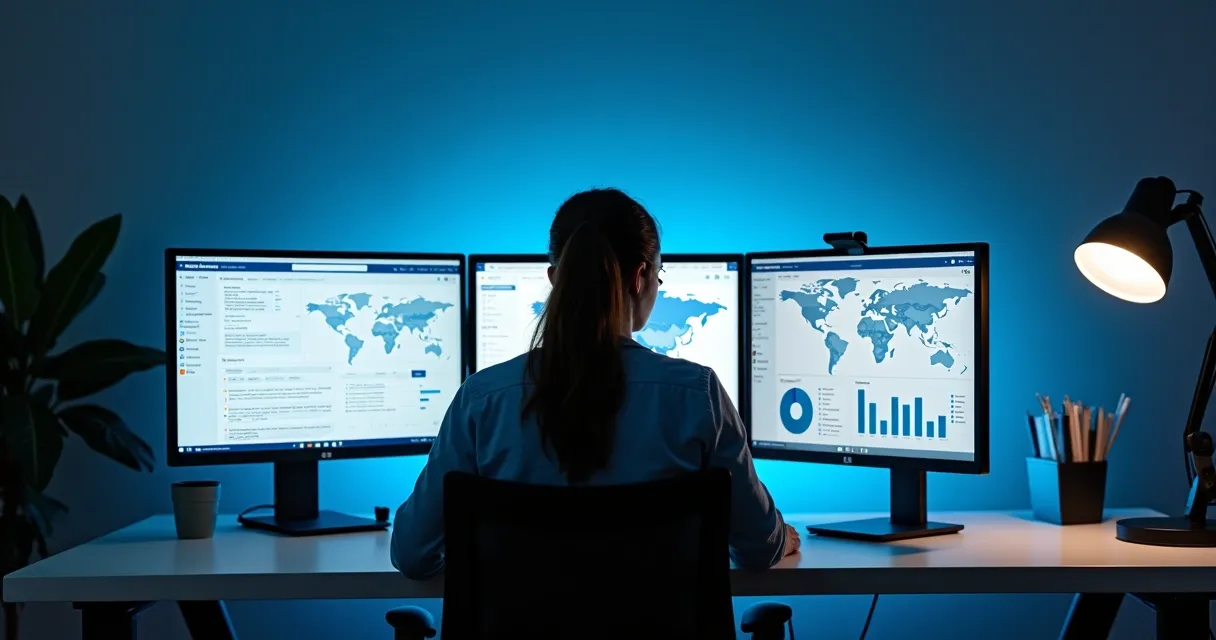 Gestor monitorando redes sociais de EdTech em múltiplas telas 