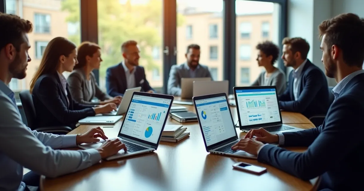 Reunião de equipe usando computadores com gráficos e listas de clientes em tela