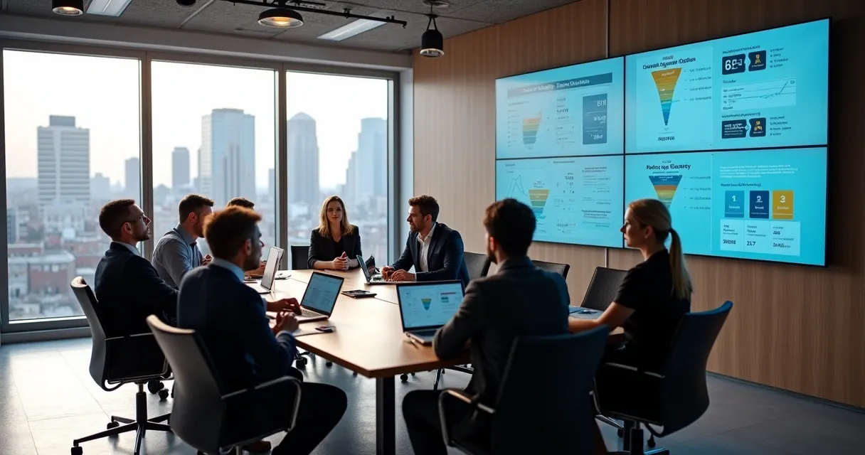 Equipe comercial analisando números de benchmark em telas digitais, reuniões e brainstorm