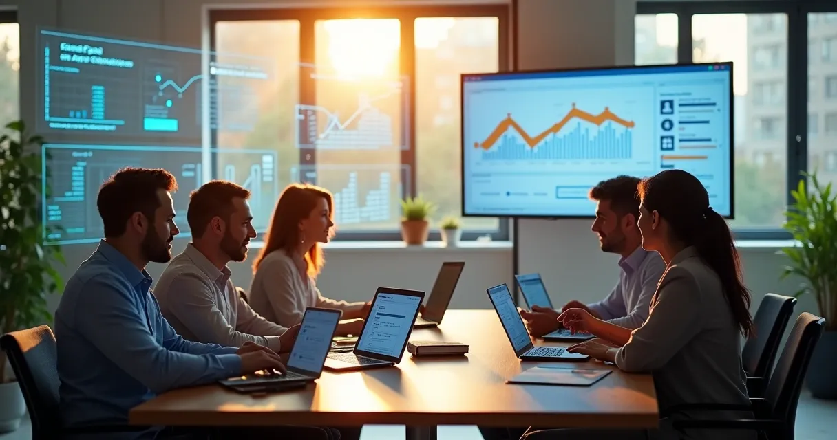 Equipe comercial interagindo com gráficos de validação de e-mails
