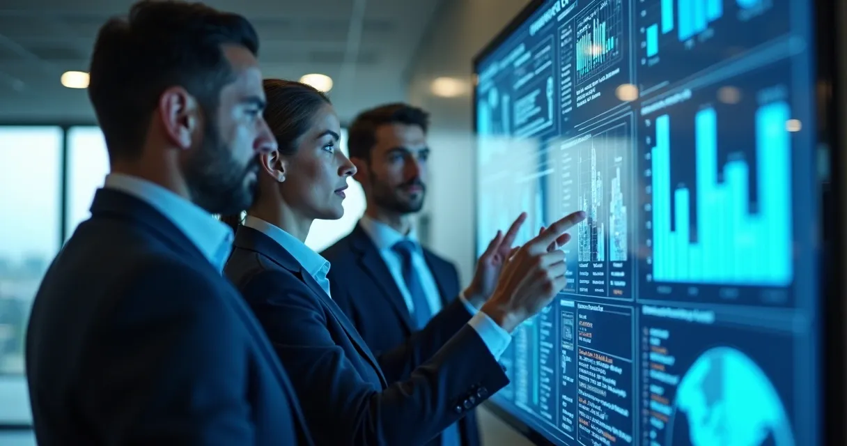 Profissionais analisando bases de dados de empresas, gráficos e mapas na tela 