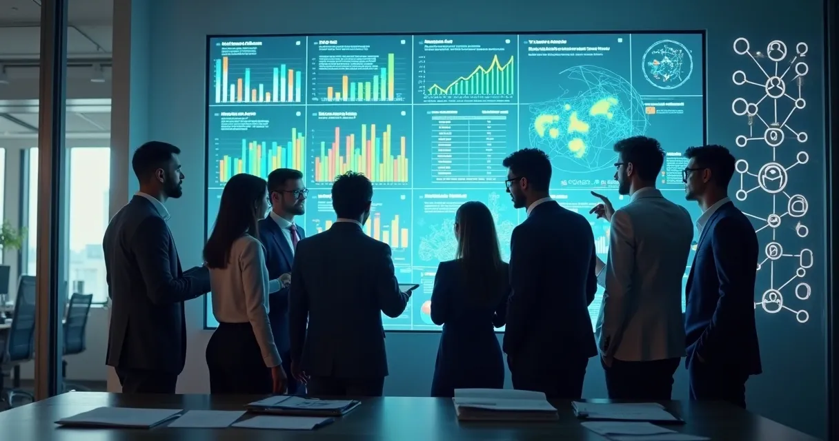 Equipe de analistas avaliando dados de leads na tela do computador 