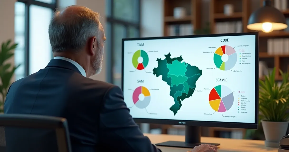 Profissional analisando gráficos de TAM, SAM, SOM em tela de computador 