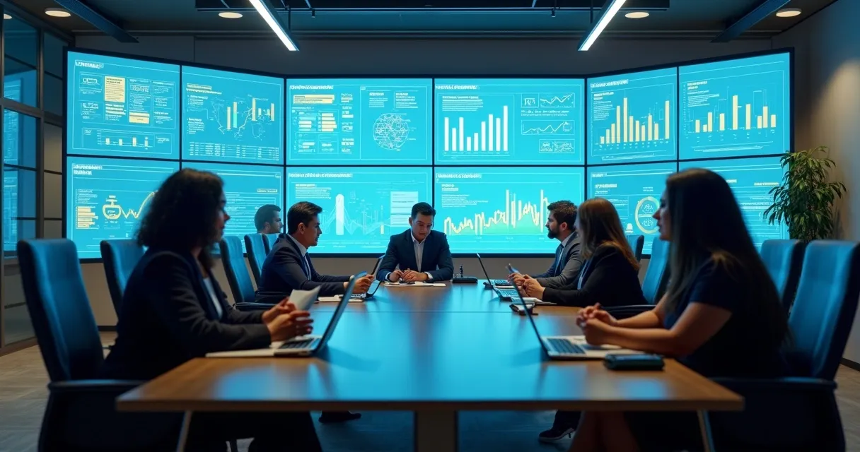 Equipe analisando dados de prospecção B2B em grandes telas no escritório. 