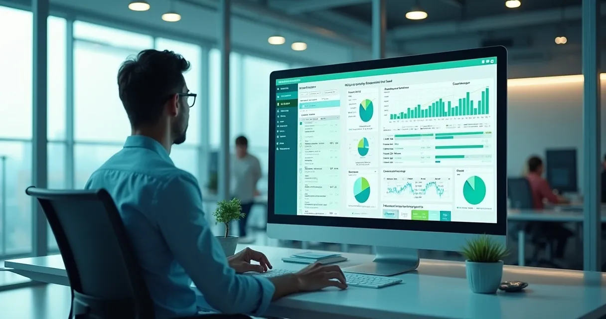 Representação gráfica da atualização e enriquecimento de dados empresariais, com planilhas e gráficos interativos. 