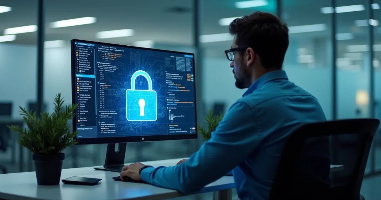 Profissional de compliance validando registros em tela de computador com cadeado digital 