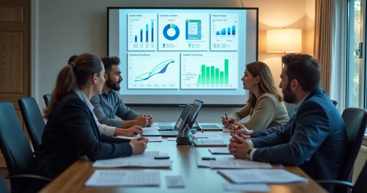 Profissionais em reunião analisando dados de contatos B2B 