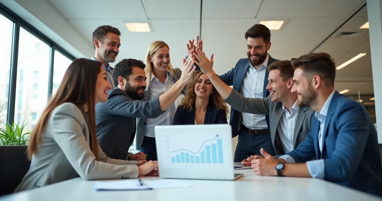 Equipe comercial celebrando conversão de leads em clientes