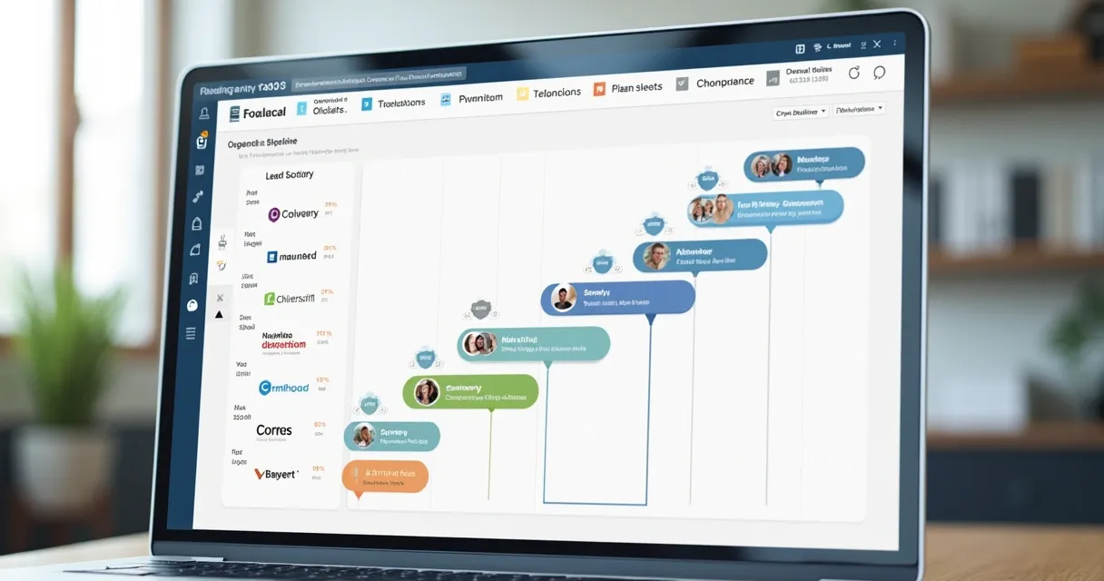 Tela de dashboard de CRM mostrando etapas do funil de vendas B2B e fontes de leads 
