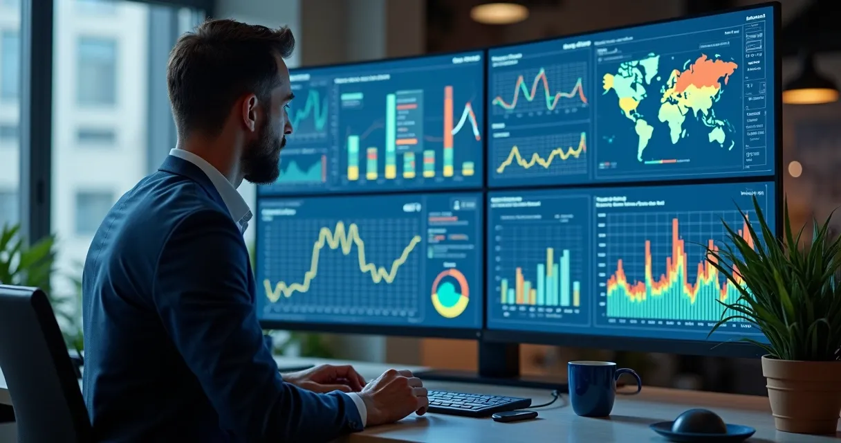 Profissional de marketing analisando dados de leads em telas com gráficos e tabelas 