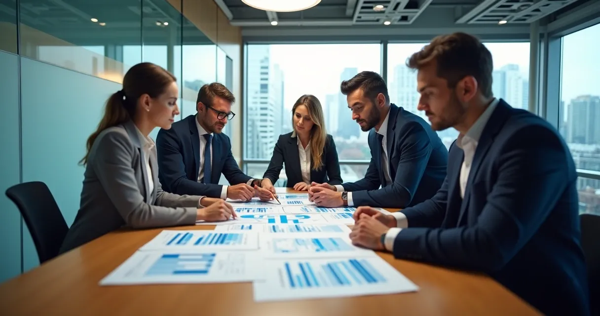 Equipe analisando gráficos e planilhas em ambiente corporativo B2B