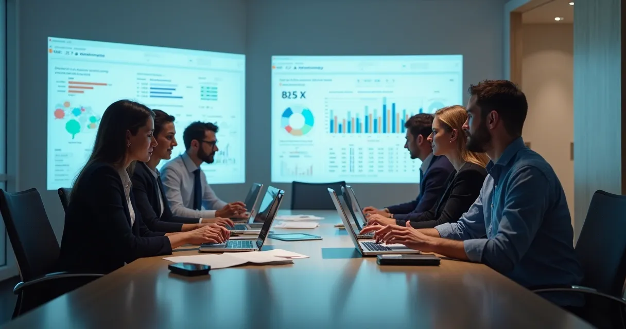 Equipe de vendas reunida analisando dados de empresas B2B 