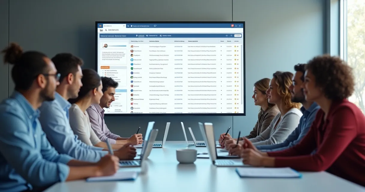 Equipe de vendas analisando lista de prospectos em tela de computador 