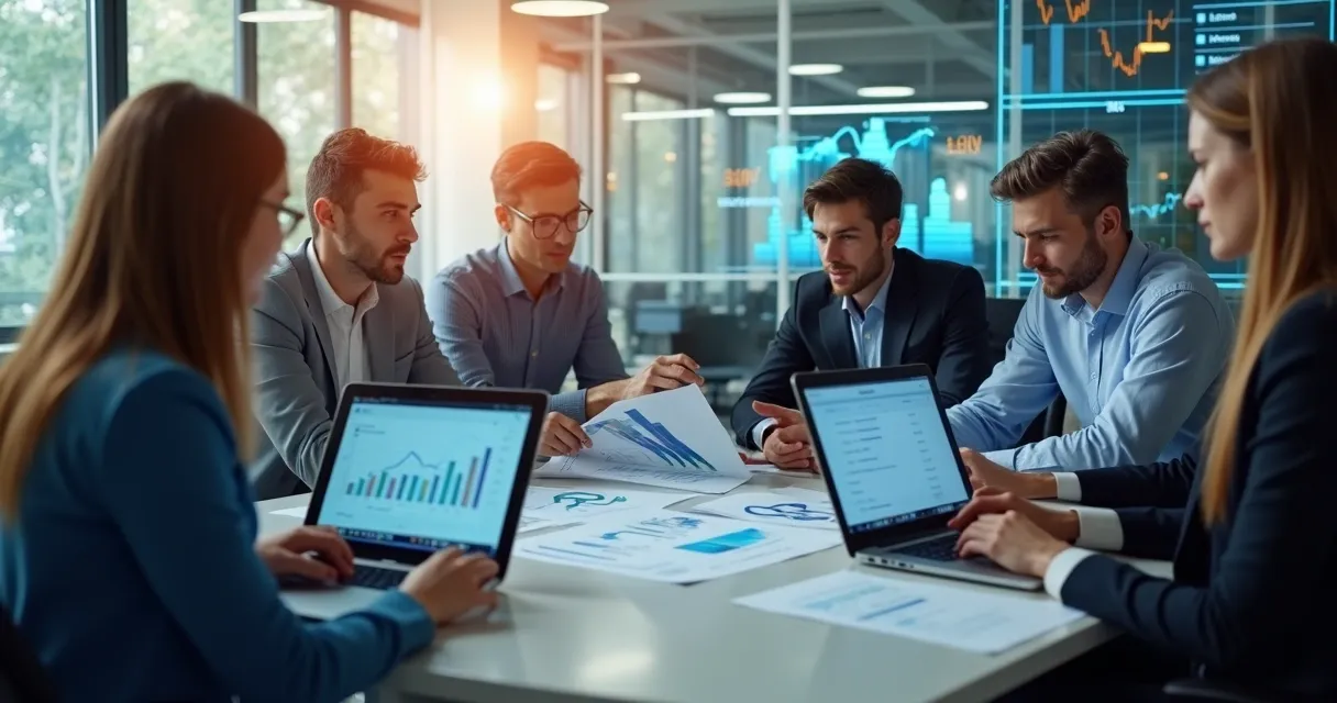Equipe de vendas analisando dados e crescimento em uma reunião 