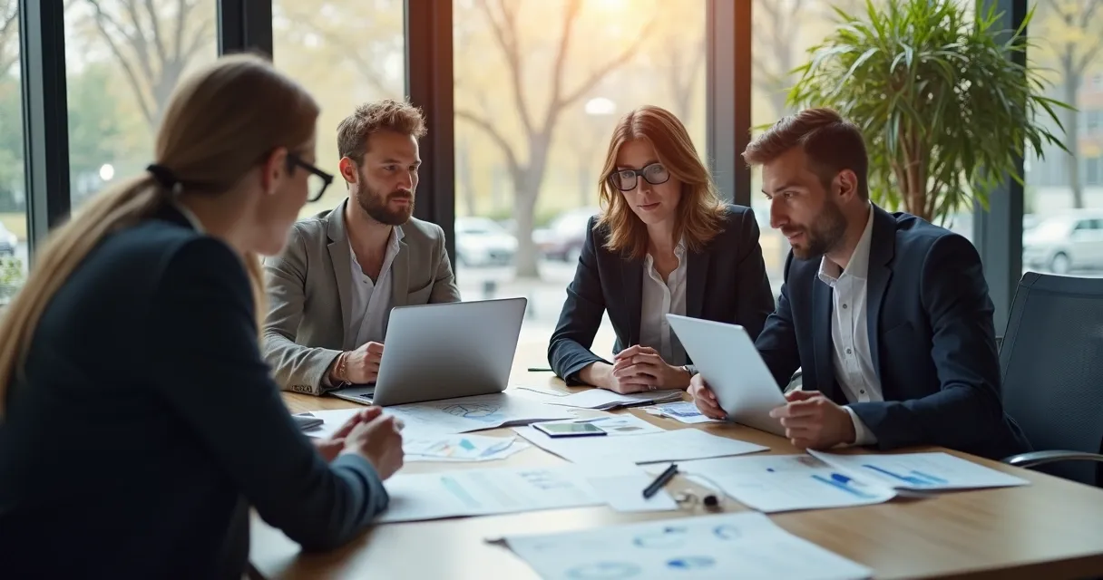 Equipe de vendas B2B reunida discutindo estratégias com gráficos e laptops sobre a mesa 