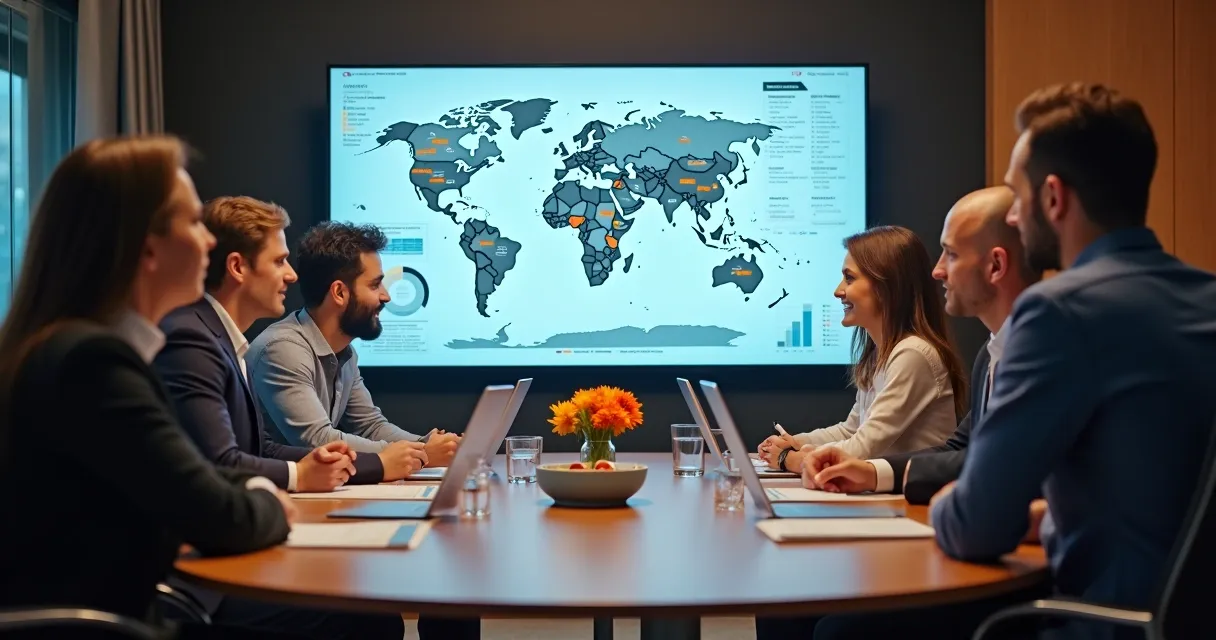 Equipe comercial em reunião analisando mapa de oportunidades B2B em computador 
