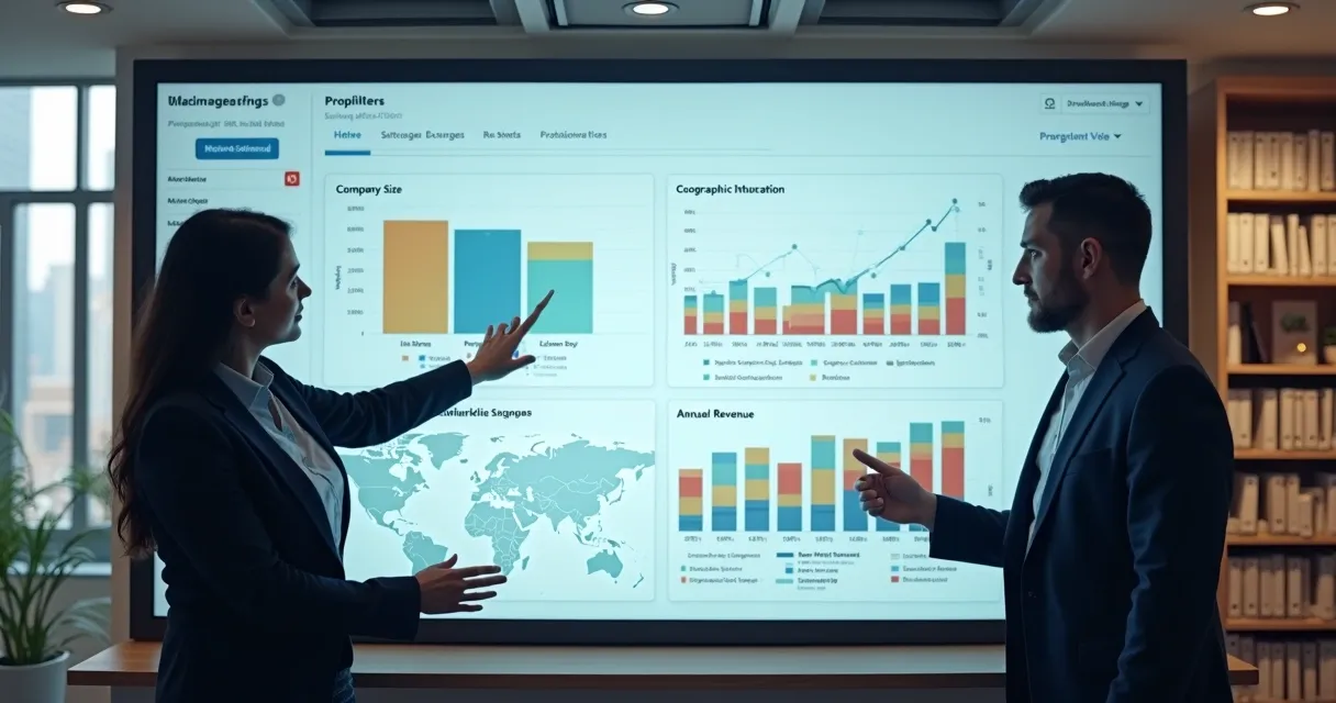 Dashboard mostrando filtros de prospecção de empresas por segmento, porte, localização e faturamento 