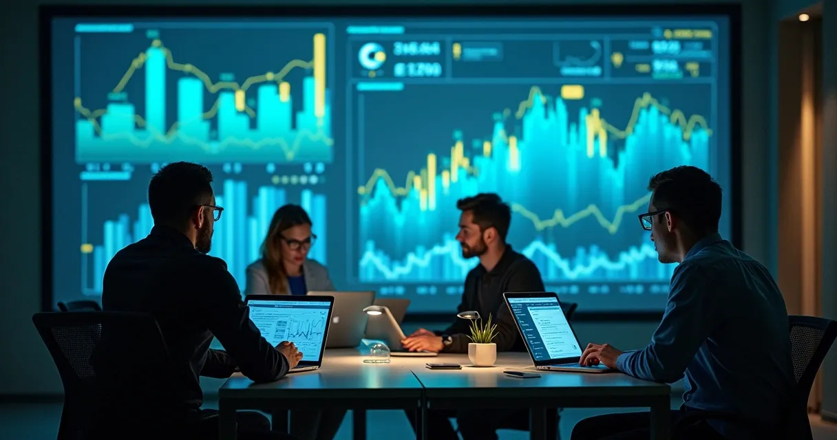 Equipe de vendas usando notebook e validando contatos com gráficos 